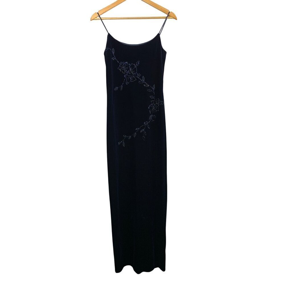 Betsy & Adam Vintage 90s Spaghetti Strap Velvet Gown With Floral Beading Detail